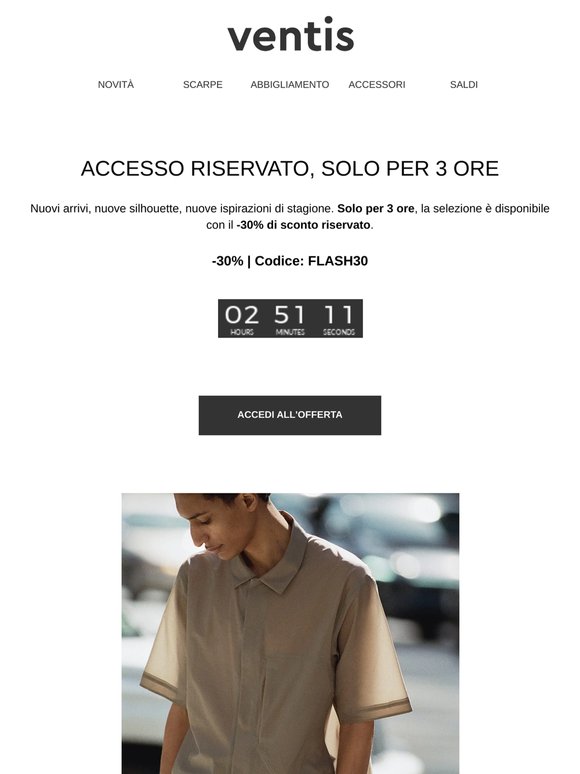 3 ore, -30% sui nuovi arrivi