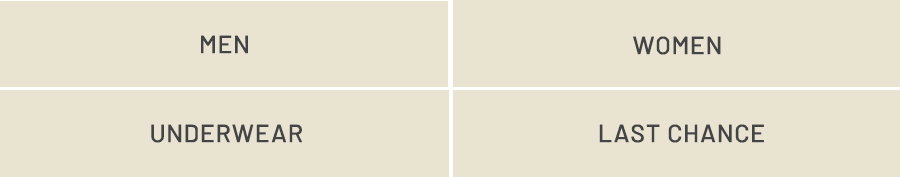 Four navigation buttons labeled men, women, underwear, and last chance on a beige background.