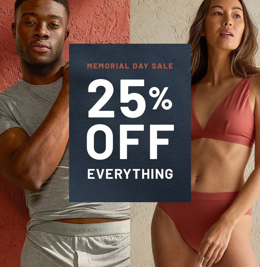 Memorial Day Sale 25 percent off everything. Two people wearing underwear and activewear. Sale announcement centered over image.