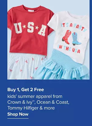 Red, white and blue kids' clothes. Buy one, get two free kids' summer apparel from Crown and Ivy, Ocean and Coast, Tommy Hilfiger and more. Shop now.