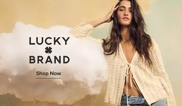 Lucky Brand logo. Shop now. Image of a woman in a knit cardigan.
