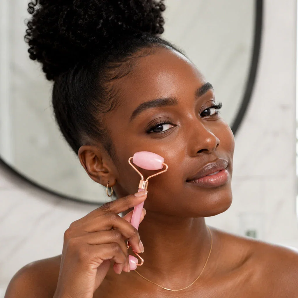 Woman using a rose quartz face roller on her cheek in a bright bathroom setting