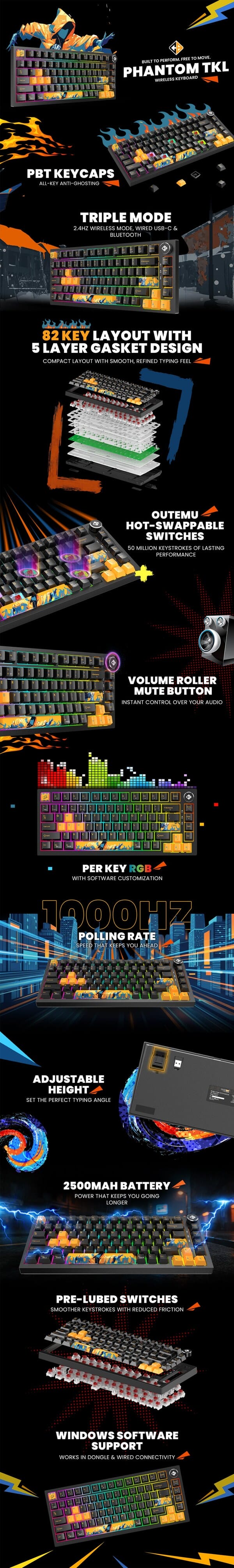 Phantom TKL Wireless — PBT keycaps, triple mode, 82 keys, Outemu hot-swap, volume roller, per-key RGB, 1000Hz polling, 2500mAh battery, pre-lubed switches