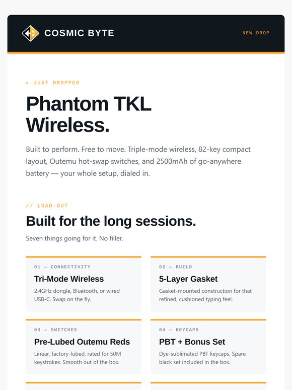 Built to perform. Free to move. The Cosmic Byte Phantom TKL Wireless Tri-Mode is here.