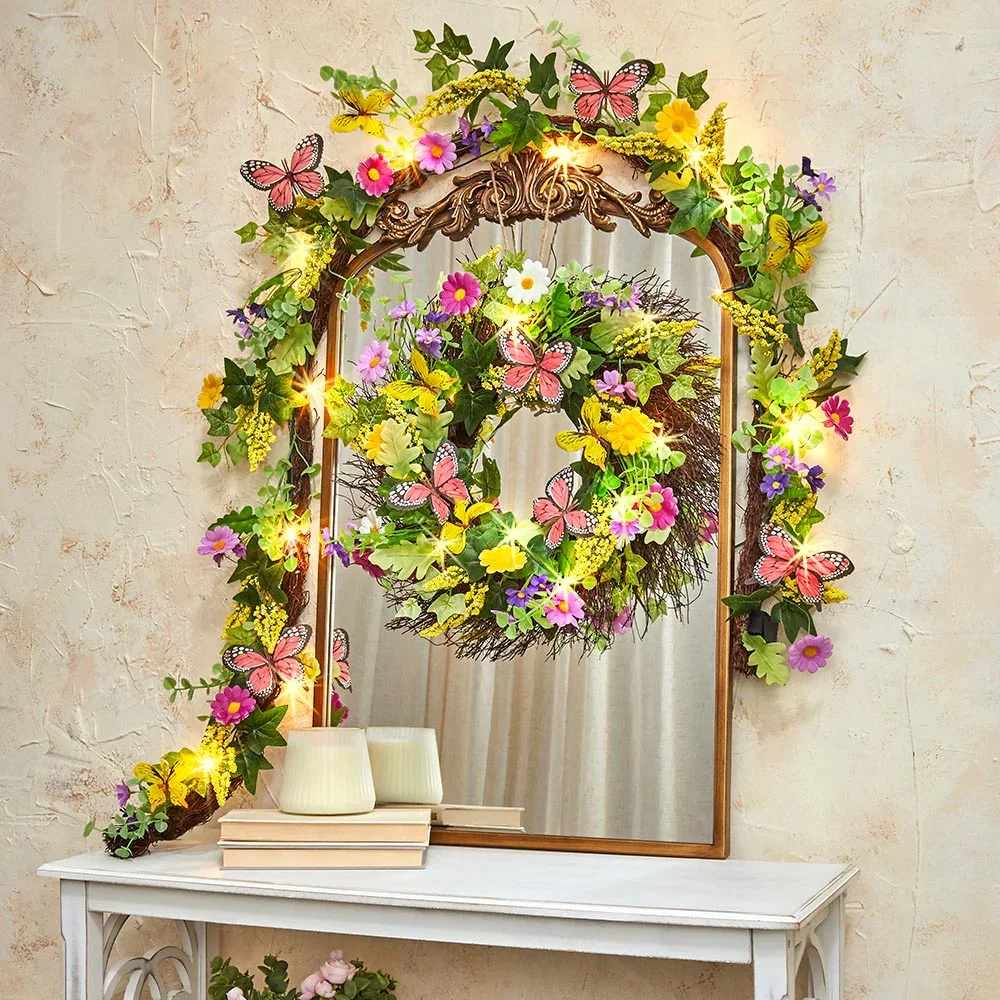 Image of Summer Butterfly and Flower Lighted Wreath or Garland-Seasonal Decor