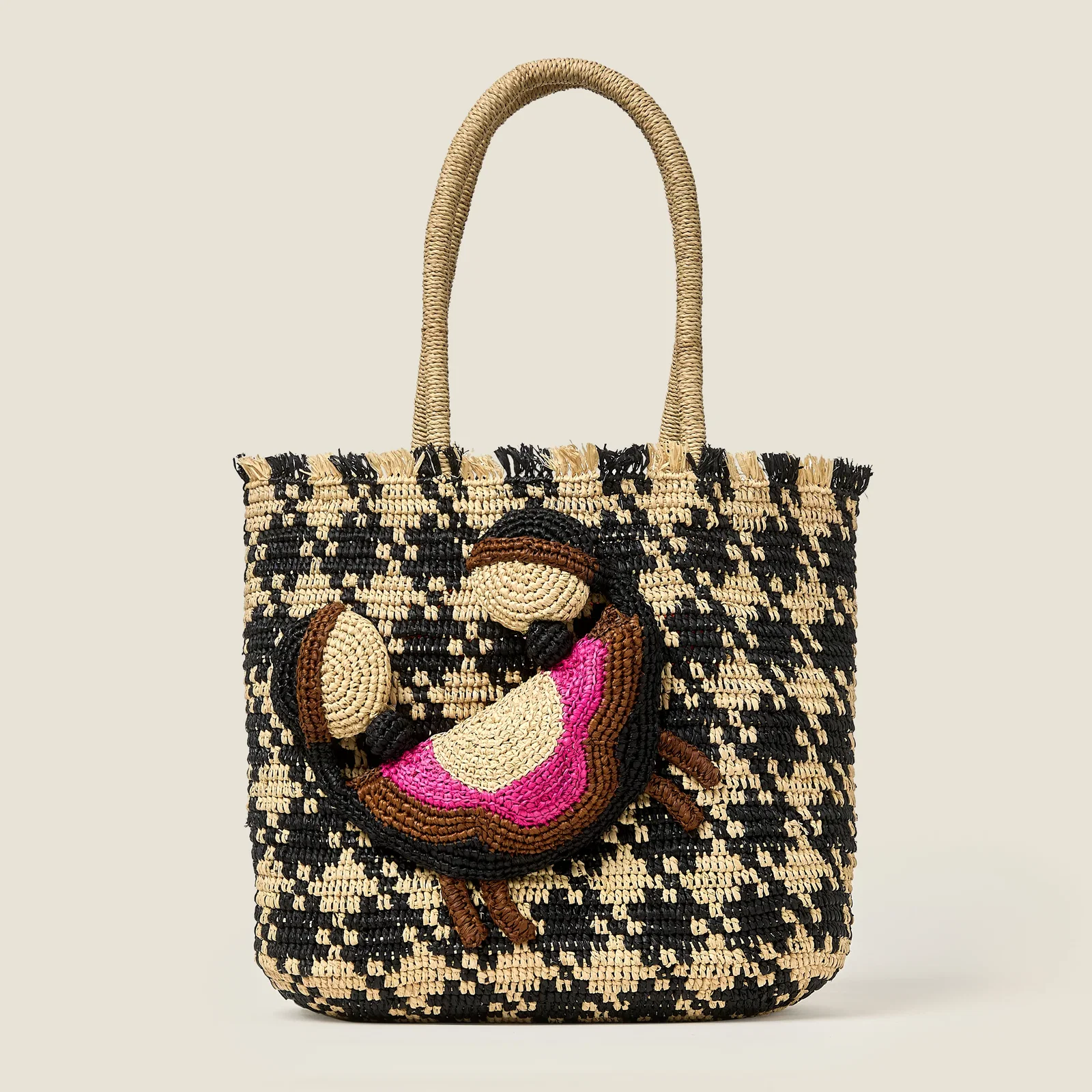 Image of Crab and Houndstooth Raffia Tote Bag - Monochrome