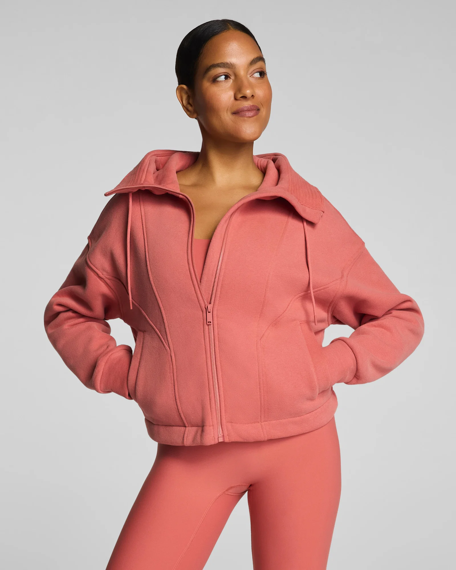 Image of Spanx Women's BoostUp Cotton Fleece Full Zip Hoodie in Clay