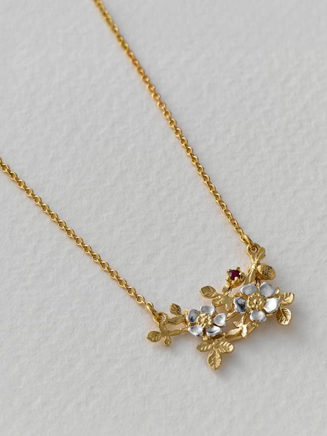 Inline Wild Rose & Bee Ruby Necklace - 40 Years of Alex Monroe
