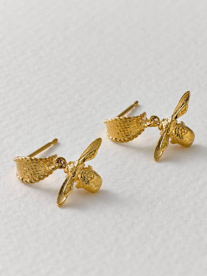 Basket Weave Huggie Hoop Earrings with Floral Engraved Inbetweeny Bee Drops