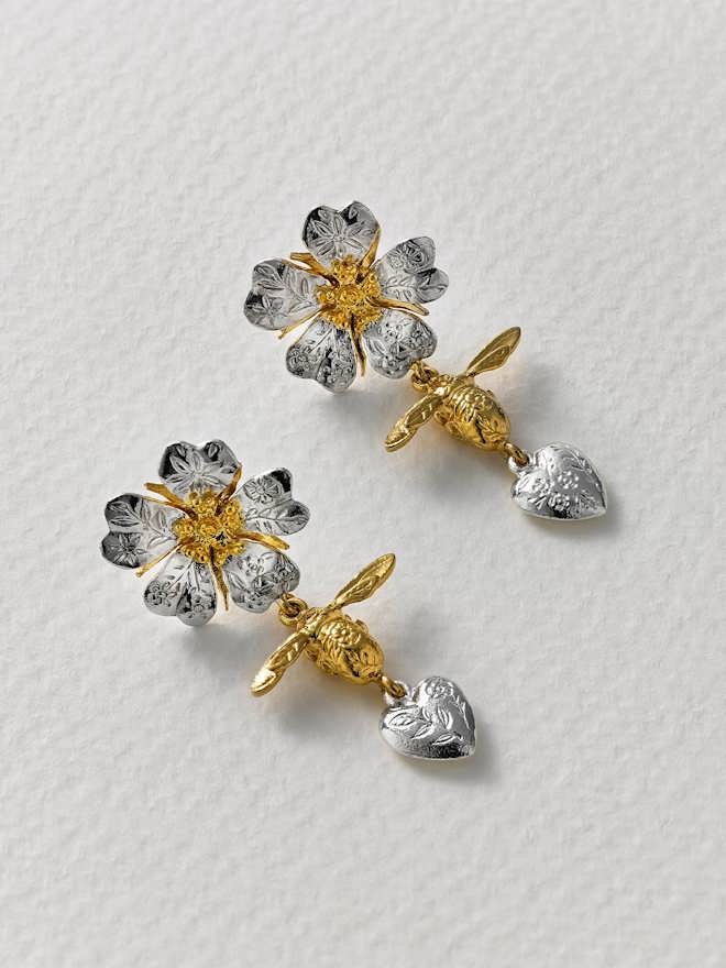 Floral Engraved Wild Rose, Bee & Heart Drop Earrings