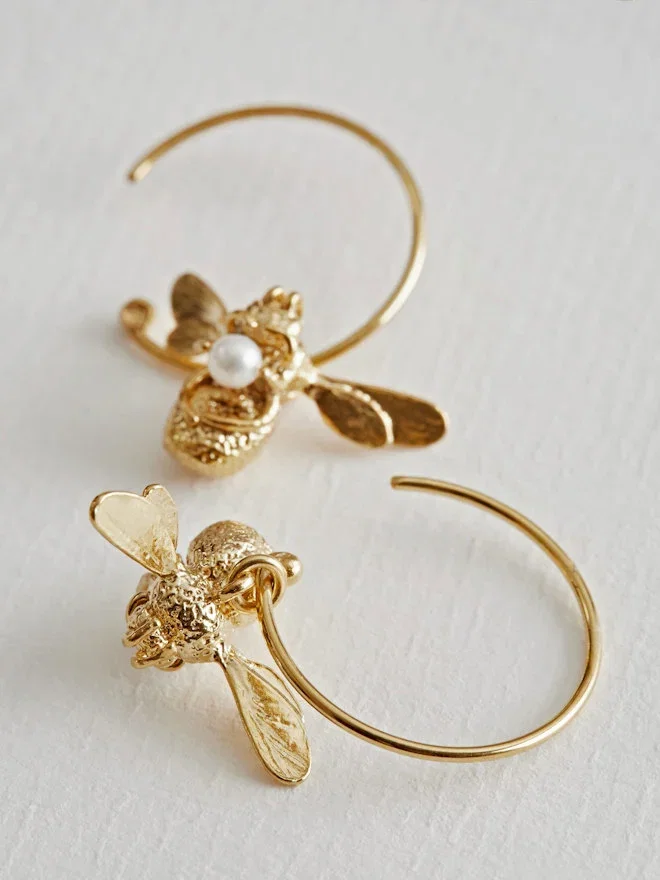 Flying Bee with Pearl Hoop Earrings