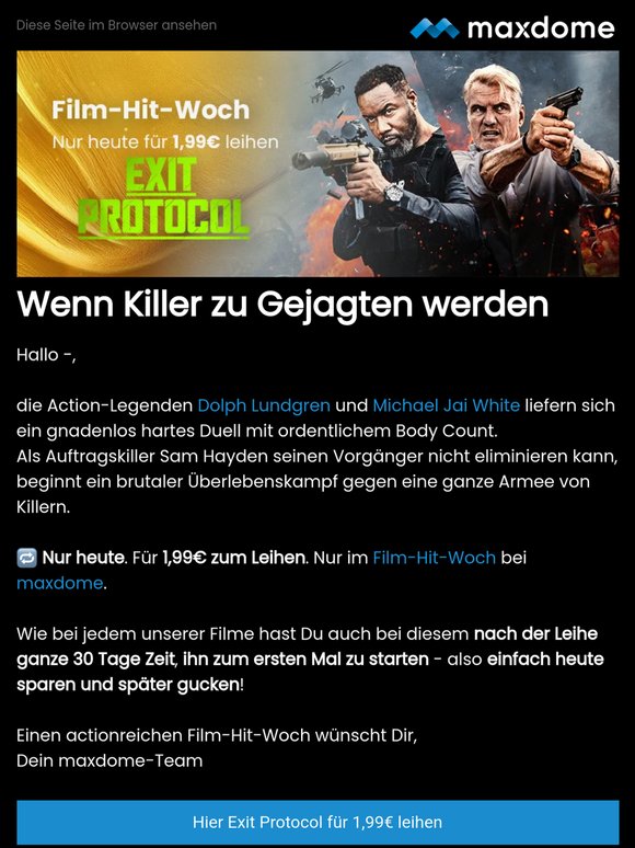 NUR HEUTE für 1,99€ leihen: Exit Protocol - Killer vs. Killer!