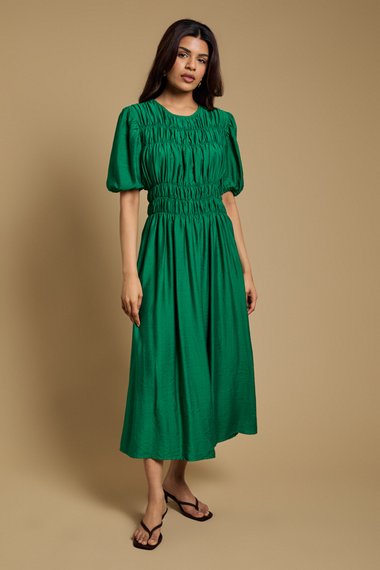 Petite Shirred Bodice Puff Sleeve Midi Dress