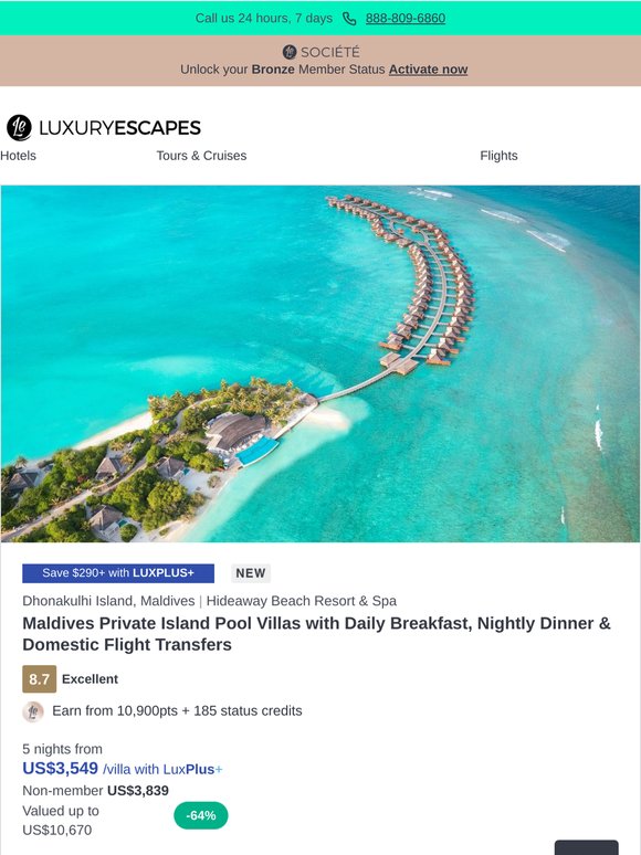 Maldives Private Island Pool Villas w. Daily Breakfast & Domestic Flight Transfers