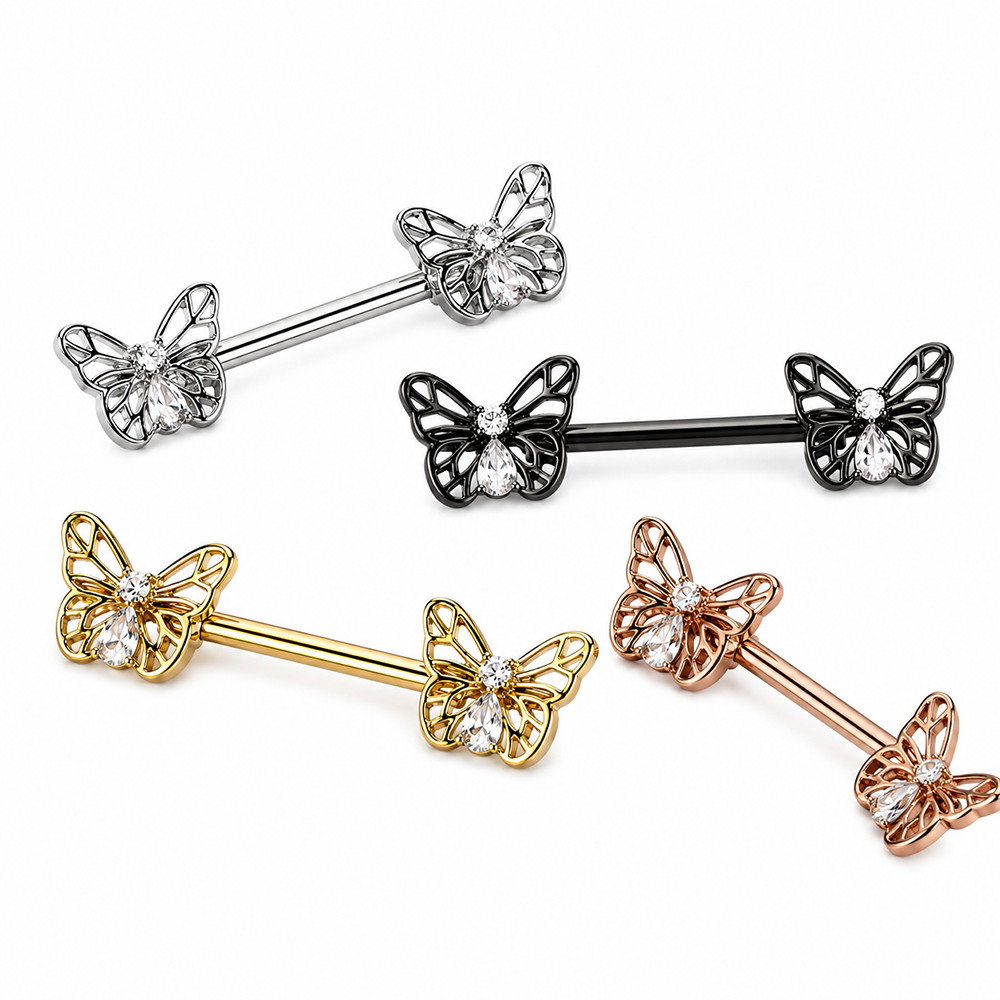  Butterfly CZ Nipple Barbells Rings Piercings Jewelry 14G 14mm 