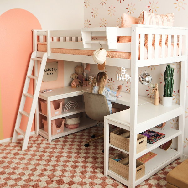 Cool kids room with checkered rug and loft bed