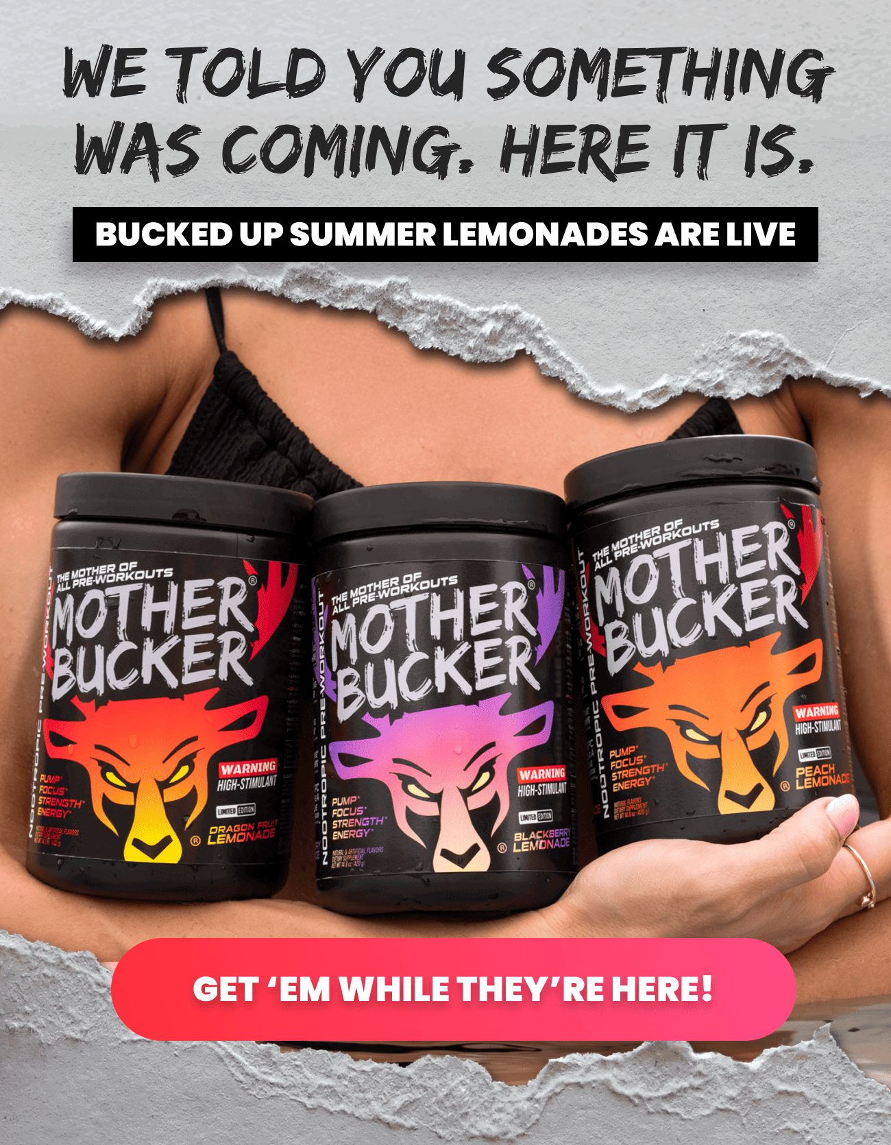 Mother Bucker pre-workout Summer Lemonade collection — Dragon Fruit, Blackberry, and Peach — limited edition, shop now