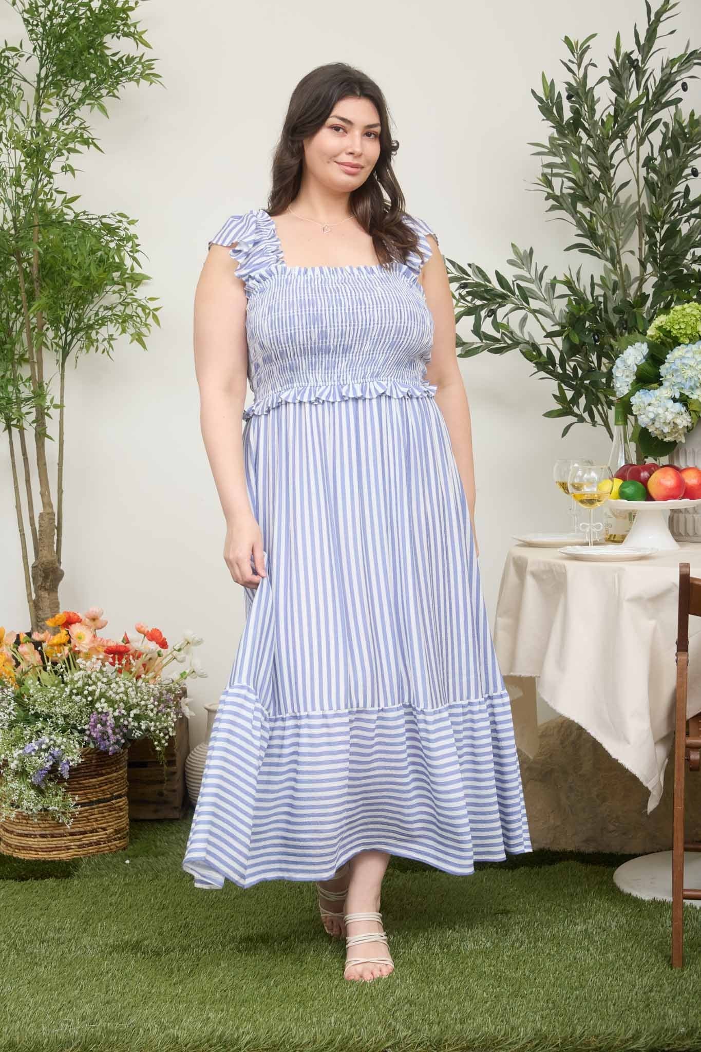 Image of Blue Striped Smocked Plus Midi Dress