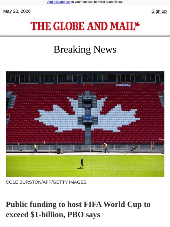 Breaking News: Public funding to host FIFA World Cup to exceed $1-billion, PBO says