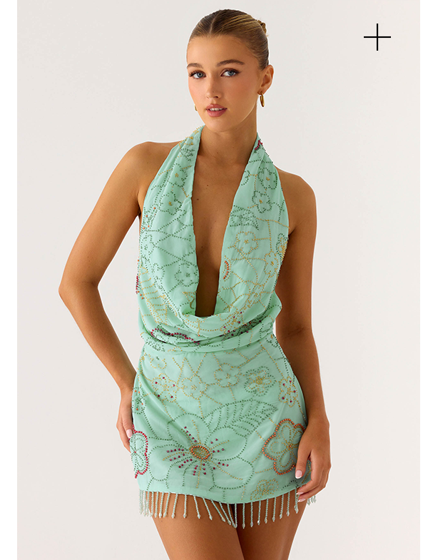 Outlaw Beaded Mini Dress — Mint Aqua
