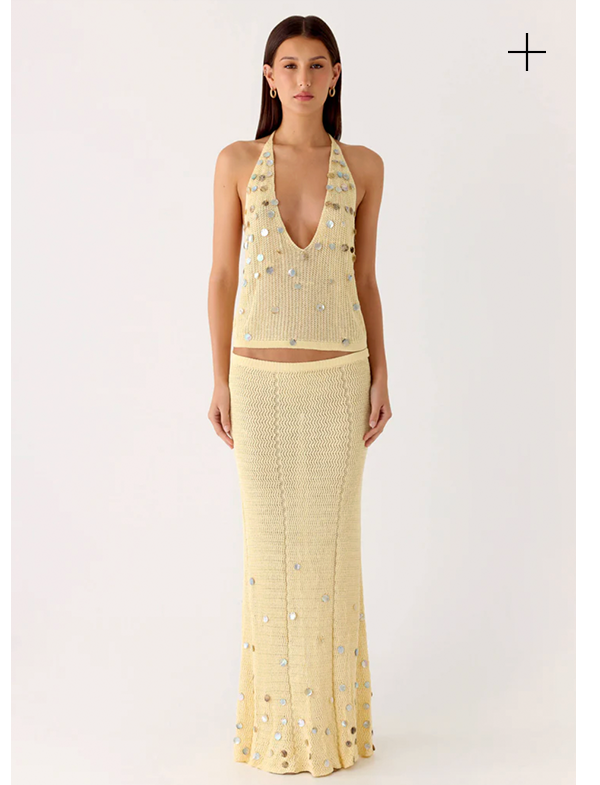 Adelaida Beaded Crochet Top — Yellow & Adelaida Beaded Crochet Maxi Skirt — Yellow
