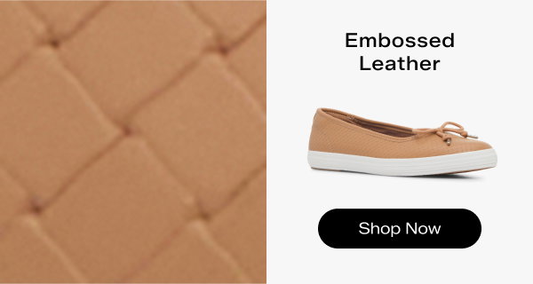 A close-up texture image of tan embossed basketweave leather next to a side view of the Maisie Ballet Basketweave Emboss Leather flat in tan. Text above the shoe says Embossed Leather. Shop Now.