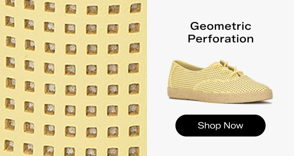 A close-up texture image of yellow-toned perforated leather next to a side view of the Keds Champion Point Low Wave Perf Leather in yellow. Text above the sneakers says Geometric Perforation. Shop Now.