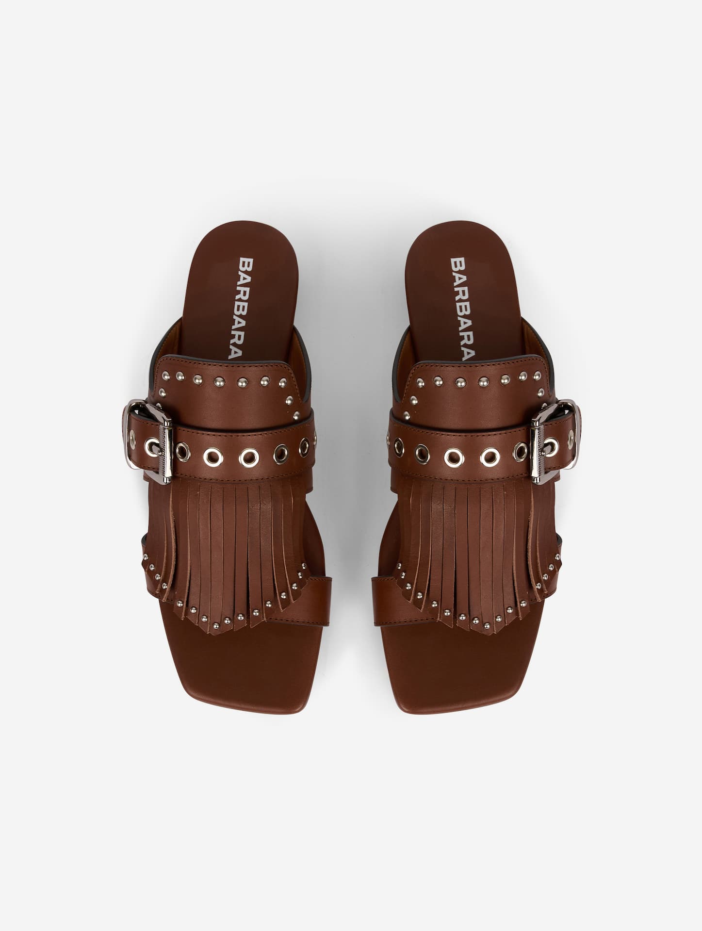 Mules à franges et clous en cuir chocolat