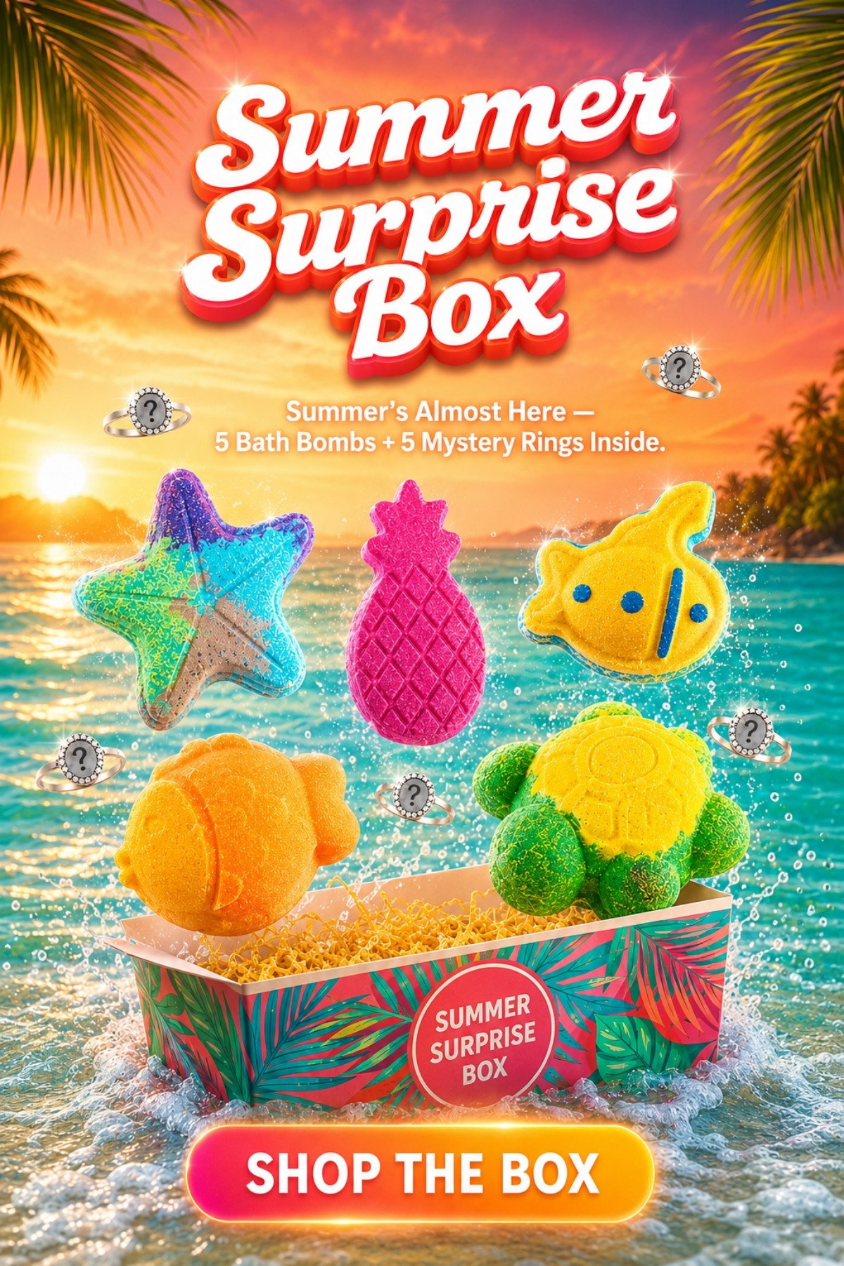 New Summer Collection: The Summer Surprise Box - Limited Edition - 5 summer bath bombs + 5 jewelry surprises. Tap to Unbox the Surprise