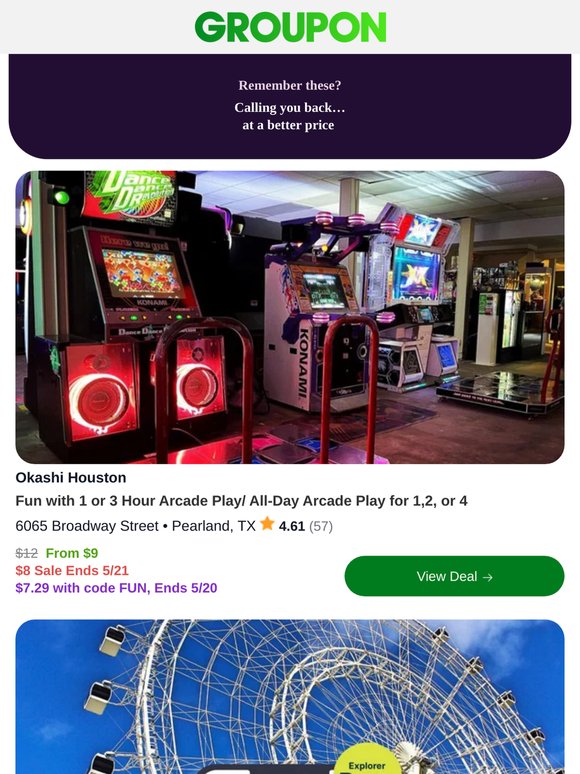 Fun with 1 or 3 Hour Arcade Play/ All-Day Arcade Play for 1,2, or 4 - Promo Code savings inside. Check it out.