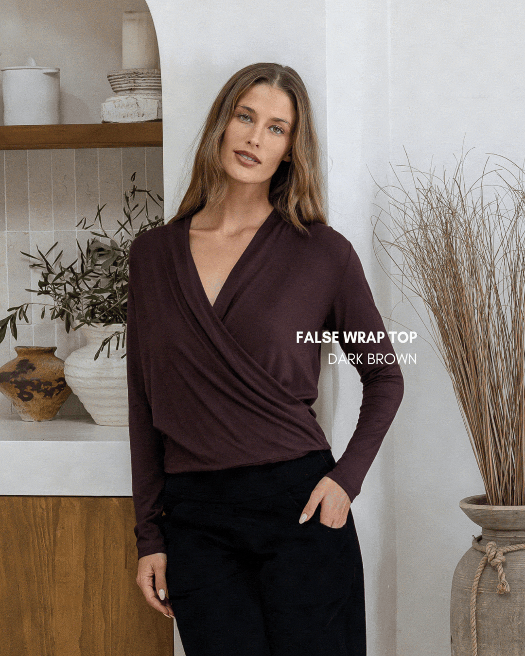 GIF of women wearing dark brown basic tops from Karma East 