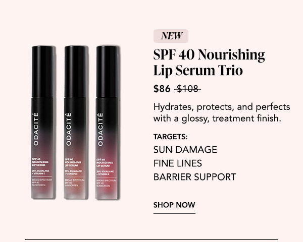 New. SPF 40 Nourishing Lip Serum Trio, $86 (was $108). Hydrates, protects, and perfects with a glossy treatment finish. Targets: sun damage, fine lines, barrier support. Shop Now.