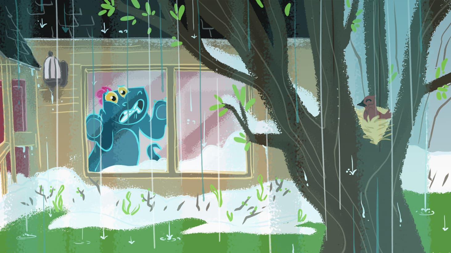 Toestie the Dragon shrugs while staring out at a dreary. rainy, cold spring day. | Heat Holders®
