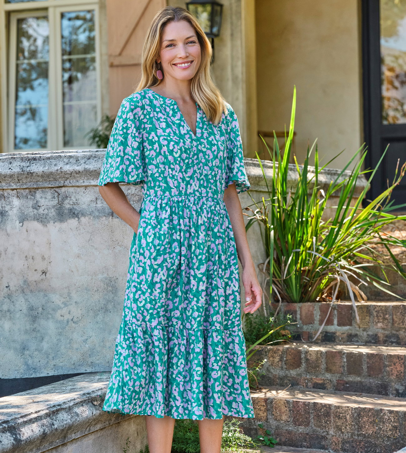 Notch Neck Fluted Sleeve Dress