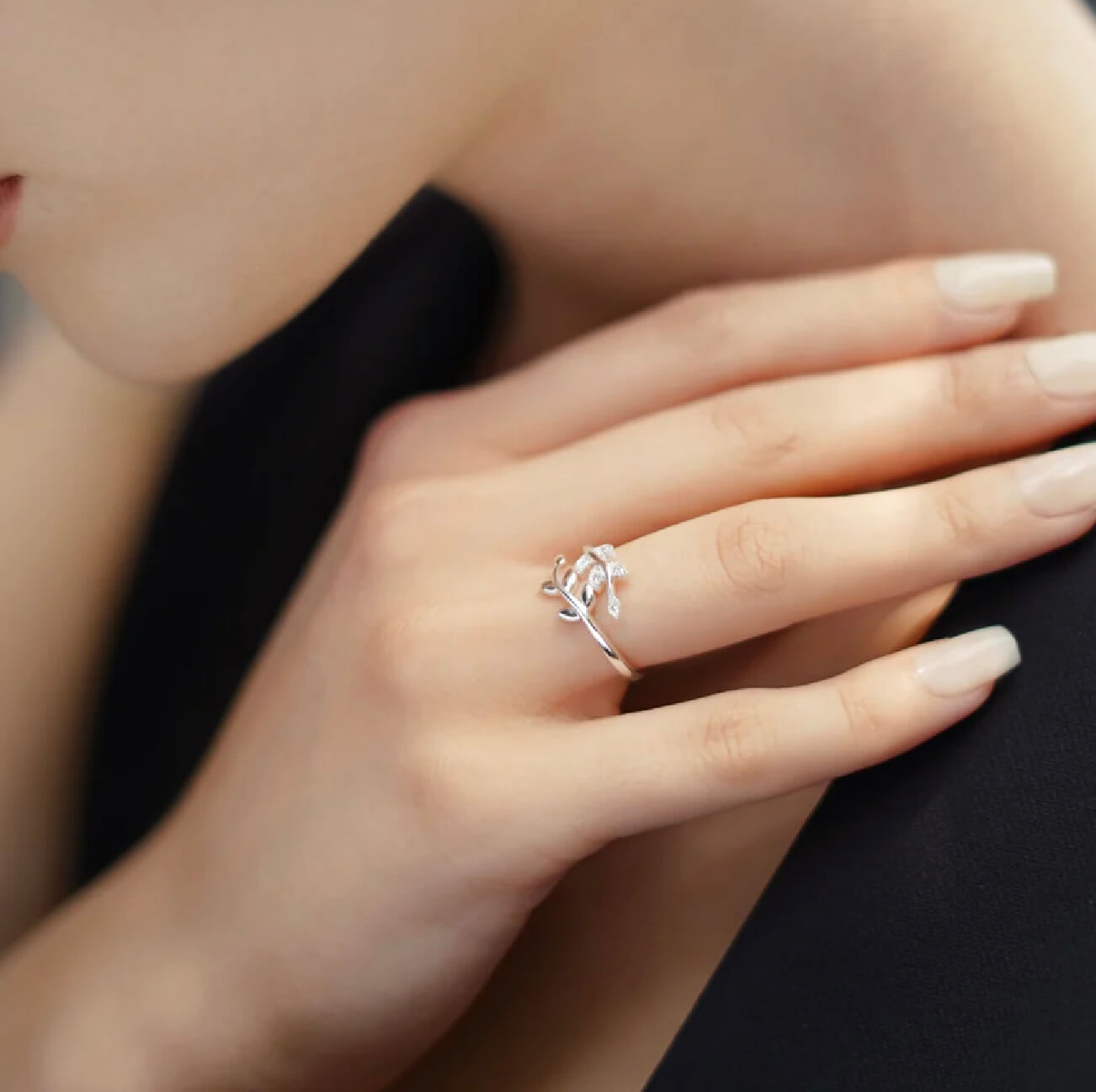 Leaf Ring with Clear Stones