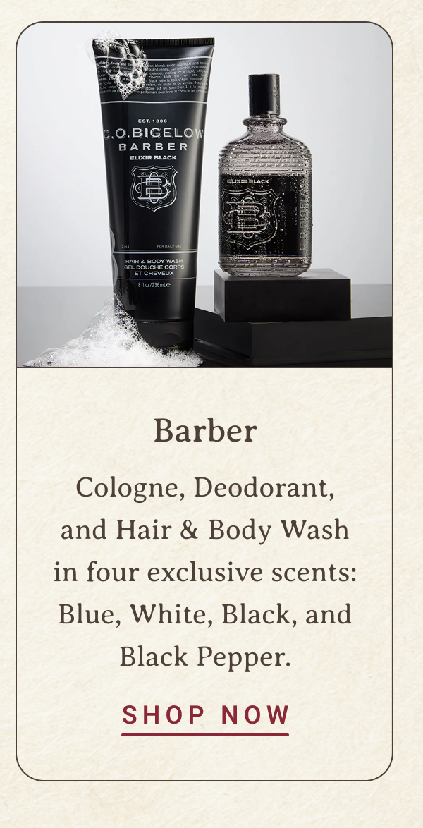 Barber | Cologne, Deodorant, and Hair & Body Wash in four exclusive scents: Blue, White, Black, and Black Pepper. | SHOP NOW