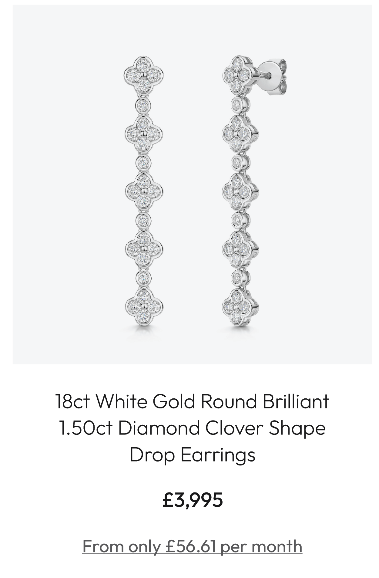 18ct White Gold Round Brilliant 1.50ct Diamond Clover Shape Drop Earrings