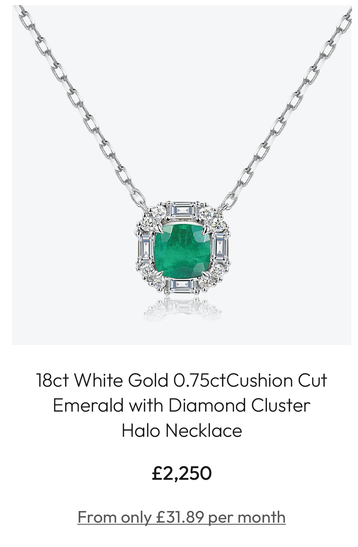 18ct White Gold 0.75ct Cushion Cut Emerald with Diamond Cluster Halo Necklace