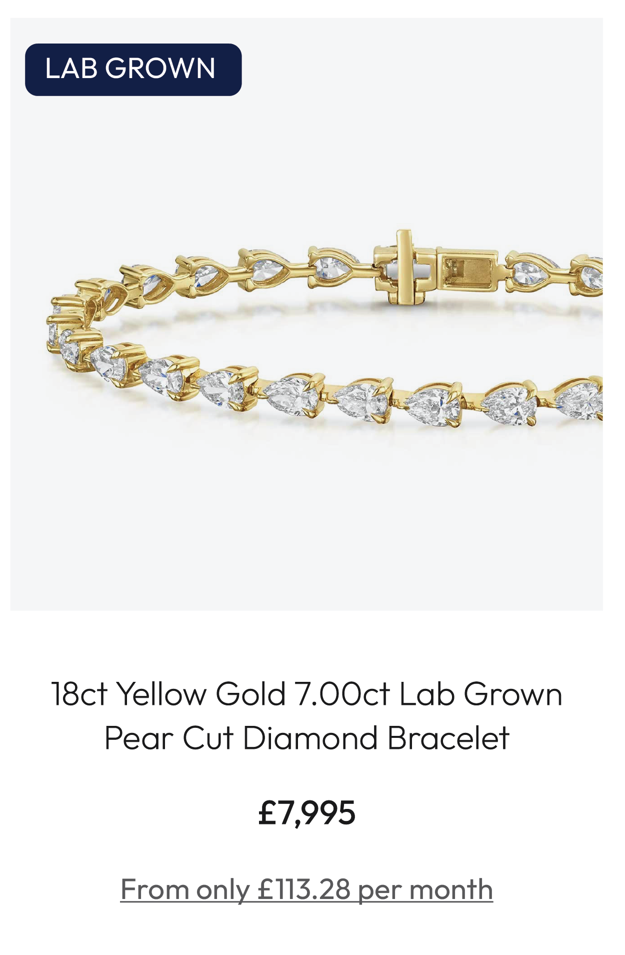 18ct Yellow Gold 7.00ct Lab Grown Pear Cut Diamond Bracelet