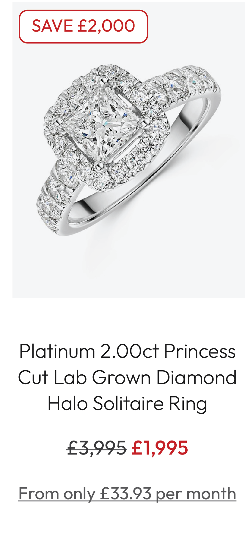Platinum 2.00ct Princess Cut Lab Grown Diamond Halo Solitaire Ring