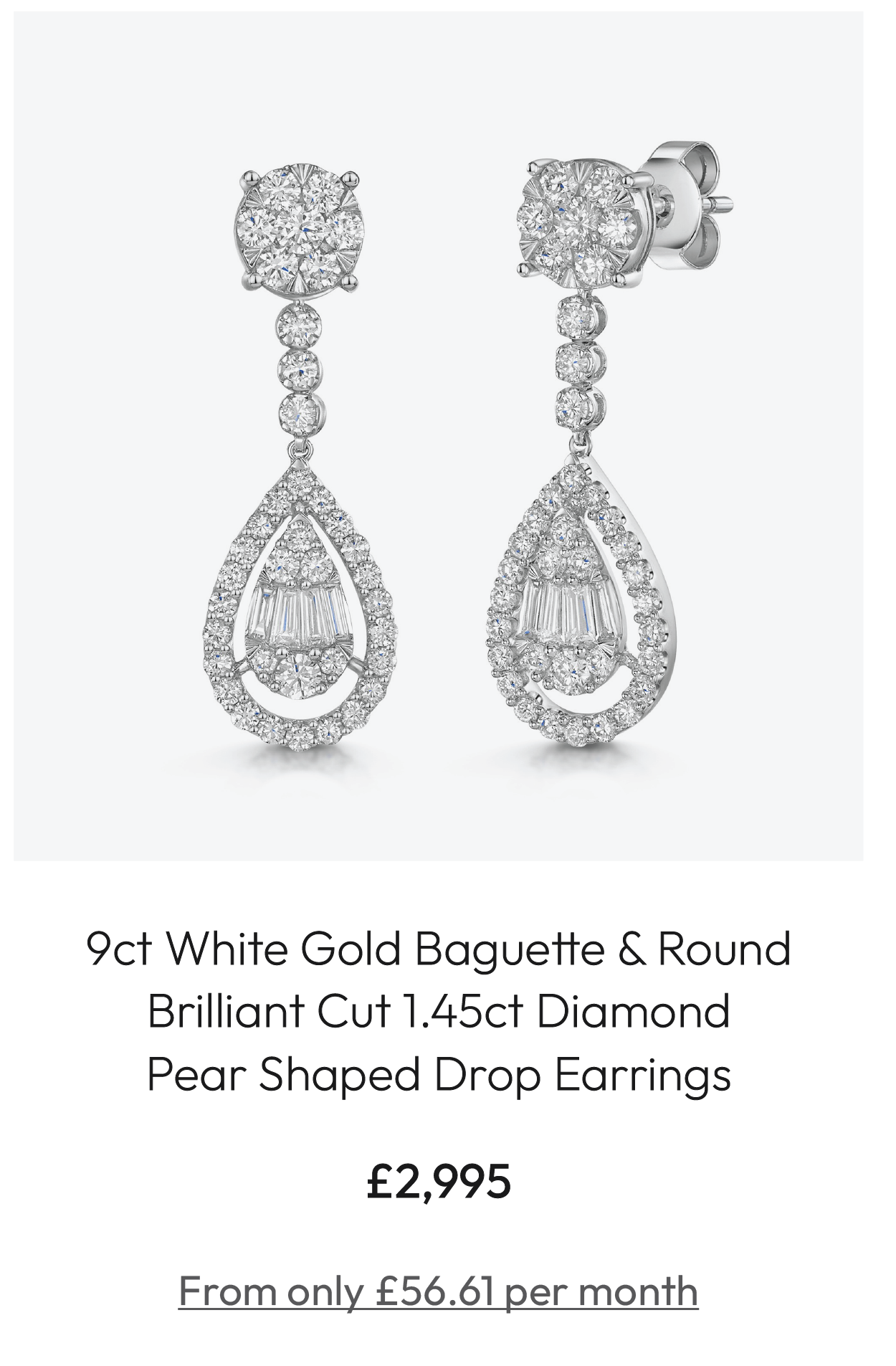 9ct White Gold Baguette & Round Brilliant Cut 1.45ct Diamond Pear Shaped Drop Earrings