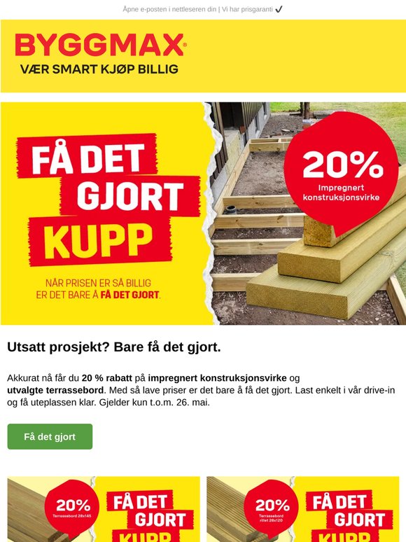 -20% på impregnert konstruksjonsvirke og utvalgte terrassebord 📣