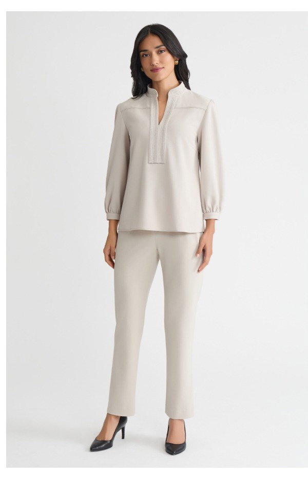 Stretch Deco Crepe Balloon Sleeve Blouse, Limestone