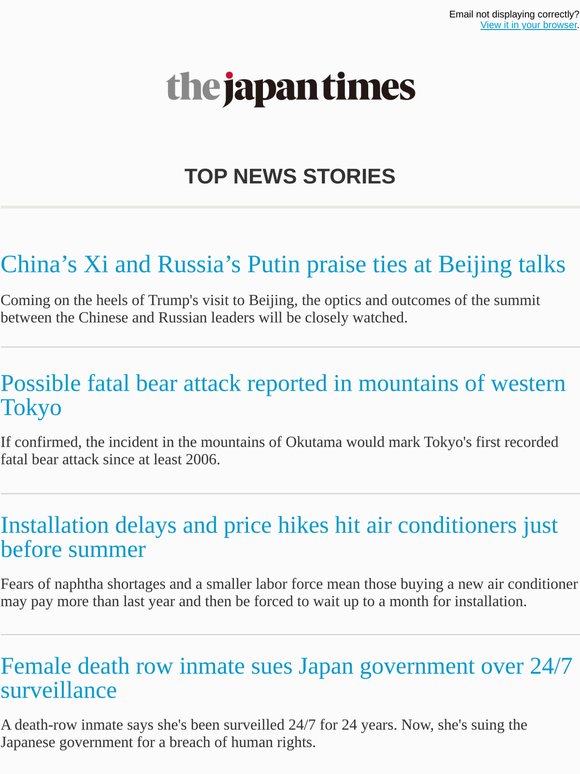 Today's top news: China’s Xi and Russia’s Putin praise ties at Beijing talks