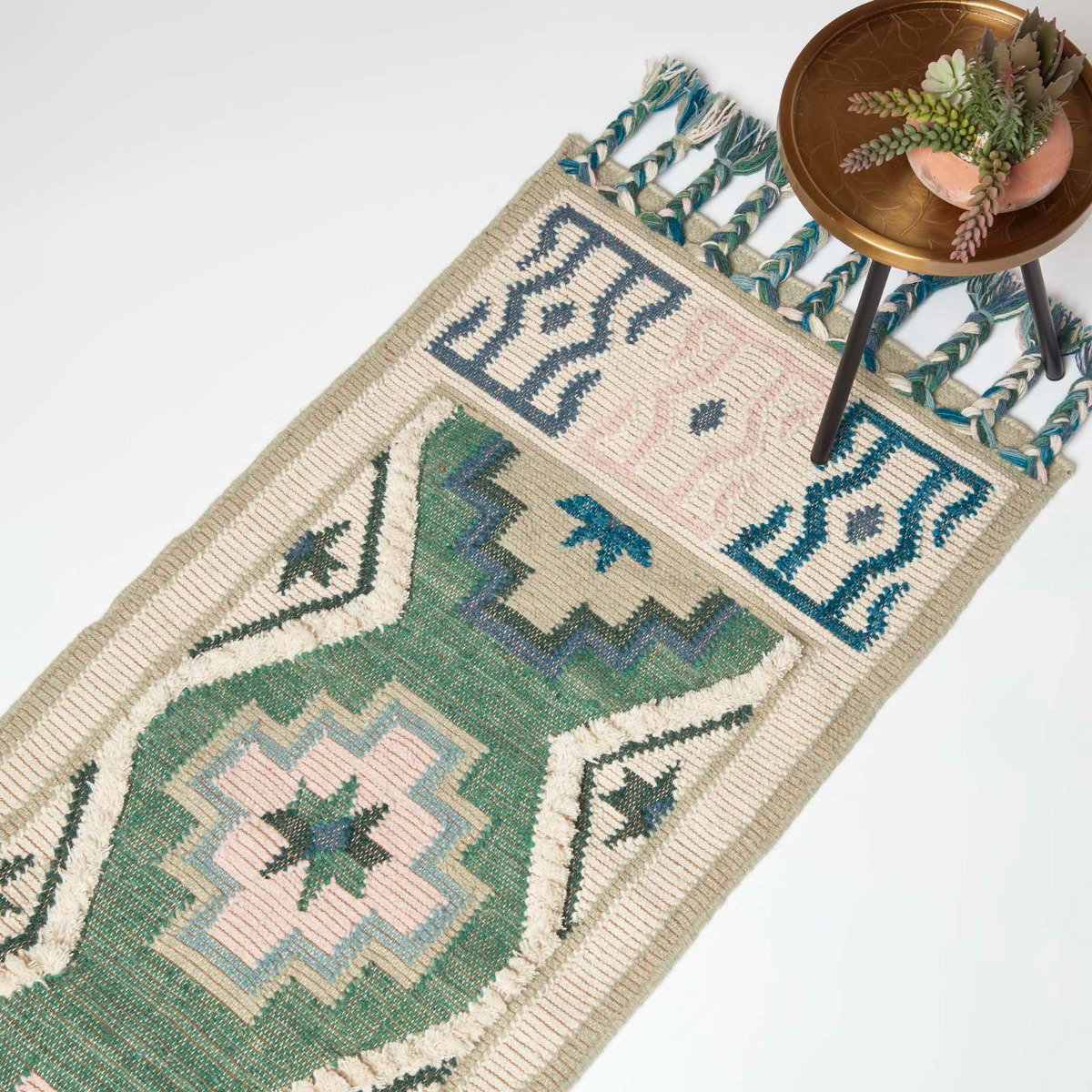 Image of Matala Green & Blue Kilim Runner Wool Rug 66 x 200 cm