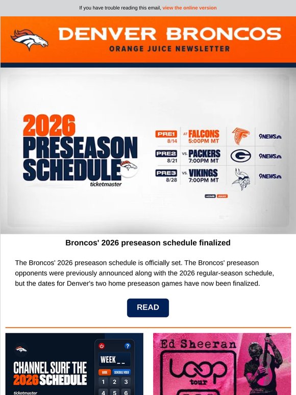 Newsletter: Broncos' 2026 preseason schedule finalized