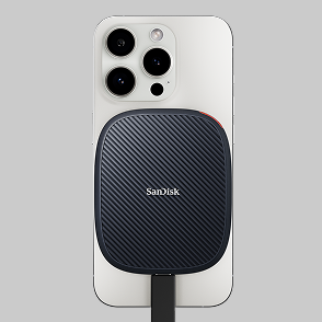 SanDisk Phone SSD connected to the back of a smartphone, illustrating external storage.