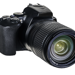 A black DSLR camera with a zoom lens attached.