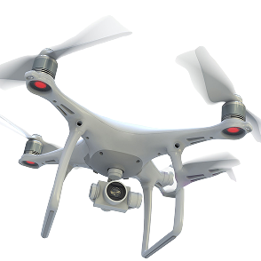 Close-up of a white drone featuring four propellers and a central camera.