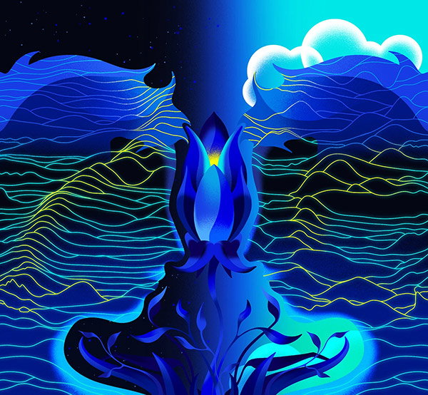 Conceptual illustration of two heads representing the same person at different times, with the heads containing different patterns of waves. In the centre is a stylised flower.